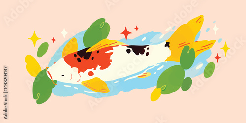 An artist's rendition of an exquisite Koi Carp swimming gracefully amidst aquatic foliage, showcasing vibrant colors and serene aquatic essence.