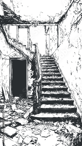 Black and white image of an abandoned, dilapidated interior staircase surrounded by debris and decay