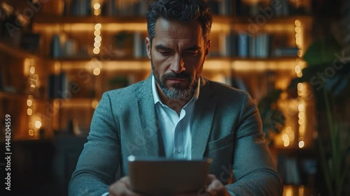 Wallpaper Mural A focused man, meticulously reviews data on his tablet in a softly lit study, the warm light creating an atmosphere of quiet concentration and digital engagement. Torontodigital.ca