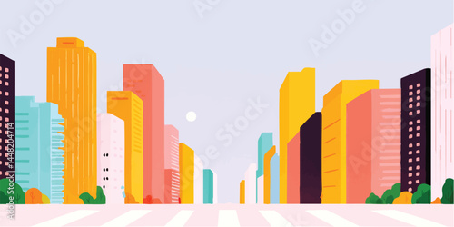 A vivid urban landscape showcases a symmetrical, modern cityscape with colorful high-rises, a testament to architectural artistry and urban planning.