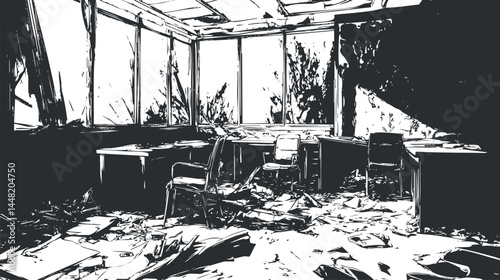 Abandoned office room filled with broken chairs, desks, debris, and shattered windows in disrepair