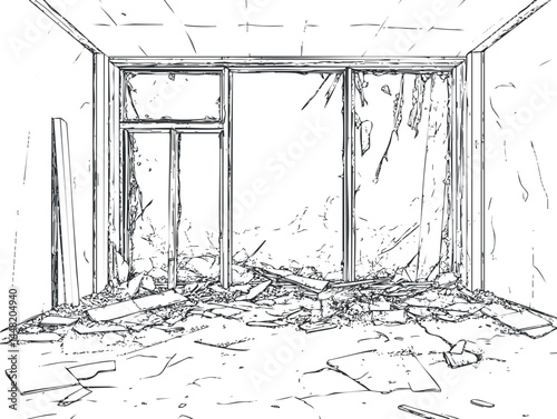 Interior view of a damaged room with broken windows and debris scattered on the floor