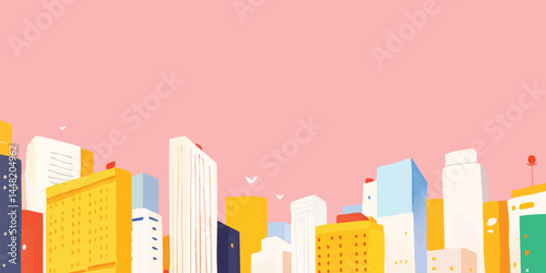 A vibrant cityscape illustration, featuring a collection of colorful buildings against a soft pink sky. Birds fly freely, adding a sense of movement and life to the scene.