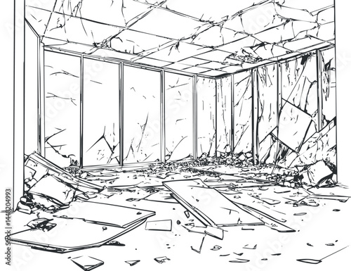 Black and white line drawing of a heavily damaged and ruined room interior with broken walls, shattered windows, and scattered debris on the floor.