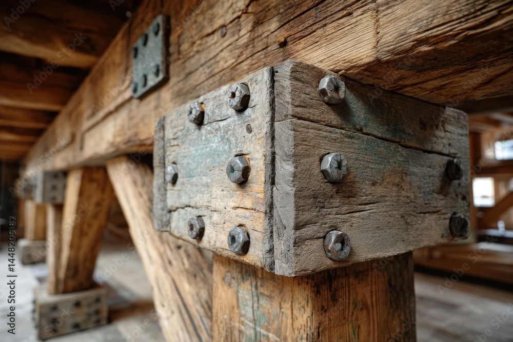 Wooden Support Structure with Metal Bolts and Square Plate - Building Construction Beam with Aged Timber Wooden Support Structure with Metal Bolts and Square Plate - Building Construction Beam with Aged Timber
