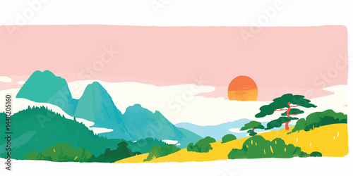 A serene illustration captures the essence of an idyllic landscape, showcasing rolling hills, a radiant sunset and a cluster of trees. evoking a sense of calm and natural beauty.