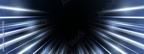 Modern abstract high-speed movement. Dynamic motion light trails with motion blur effect on dark background. Panoramic high speed technology concept, light abstract background. 