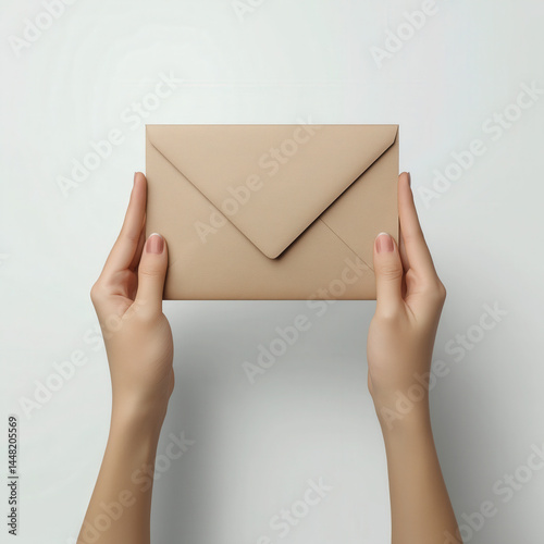 Human hand holding envelope mailing stationery essential isolated on white background