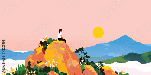 A moment of tranquility: a person sitting atop a mountain, absorbing the peace of nature as the sun rises, portrayed in a captivating illustration.