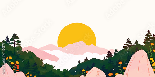 A stylized illustration of a picturesque mountain landscape at sunrise, showcasing rolling hills, vibrant flora, and a radiant sun casting a warm glow.