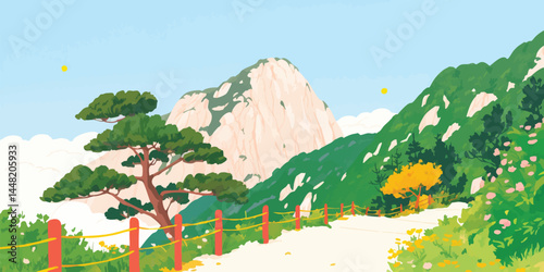 Scenic vista unfolds before the eyes, the mountain peak and trail guide the viewer toward serenity and beauty.Capturing a vivid picturesque scenery.