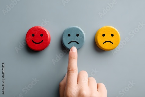 A hand pointing at a neutral smiley face button between a happy red and a sad yellow one on a gray background illustrating emotional choices