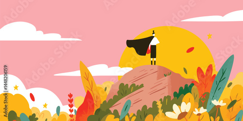 An illustration of a confident figure gazing out with a cloak, standing on a cliff against a vibrant sunset sky, embodying strength and vision.