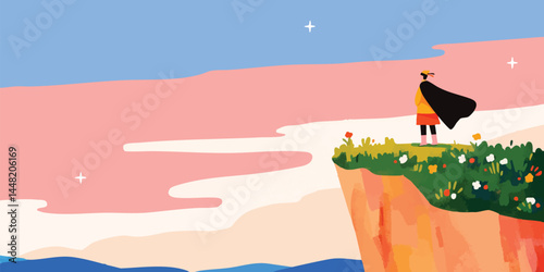 A figure wearing a cape stands on a cliff, gazing at a vibrant sunset, epitomizing resilience, courage and an unwavering pursuit of goals and aspirations.