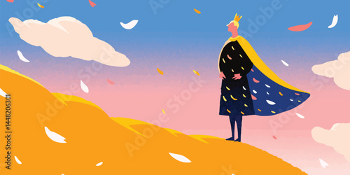 An illustration of a noble figure of a leader stands majestically atop a sunlit hill, enveloped by the dreamy sunset with abstract elements. 