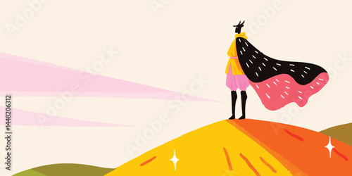 A symbolic illustration depicting a person standing on top of a hill, dressed in a cape. Representing courage, leadership, and the triumph of overcoming challenges.