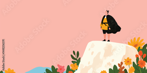An imaginative illustration depicting a person in a black cape, confidently standing atop a stone, gazing at the horizon, amid colorful flowers.