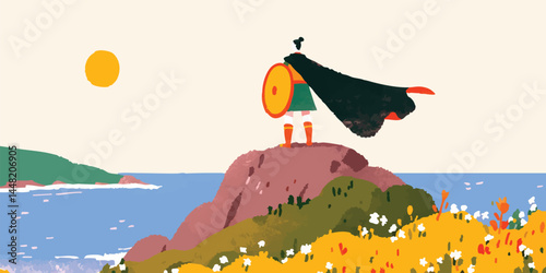 A majestic warrior stands proudly atop a rugged clifftop, surveying the boundless horizon beneath a radiant sun, a vibrant illustration, evokes strength, courage and exploration.
