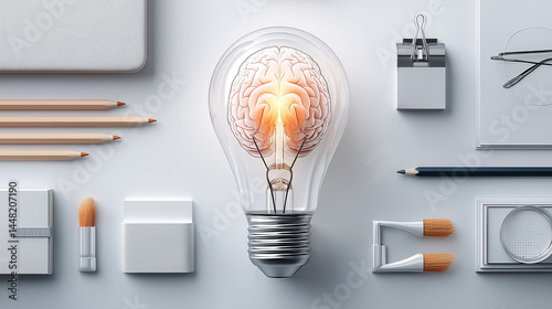 Creative brainstorming setup with light bulb showcasing brain concept among office supplies