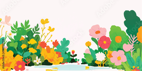 A vibrant illustration bursts with a whimsical array of flowers, foliage, and a reflecting pool. Evoking the essence of growth, renewal, and the bright promise of spring.