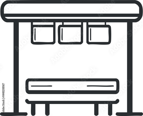 Black and white line art of a bus stop shelter with bench and three hanging signs for public transportation
