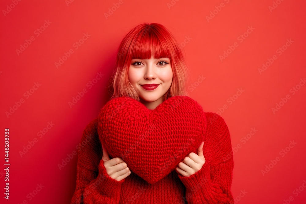 Isolated white young woman on red background with knitted heart in hands. Cute Valentine's Day greeting. Professional studio pic, copy space.