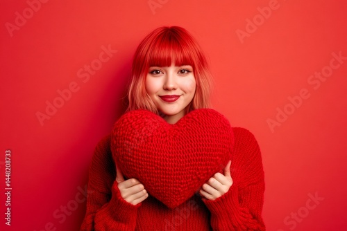 Obraz na płótnie Isolated white young woman on red background with knitted heart in hands. Cute Valentine's Day greeting. Professional studio pic, copy space. w salonie