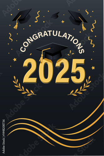 Black and Gold Congratulations 2025 Graduation Poster with Graduation Cap and Confetti on Dark Background