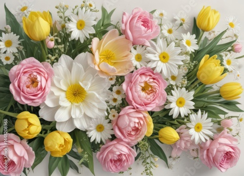 Watercolor floral composition; pink roses, yellow tulips, white daisies ,  design,  daisies
