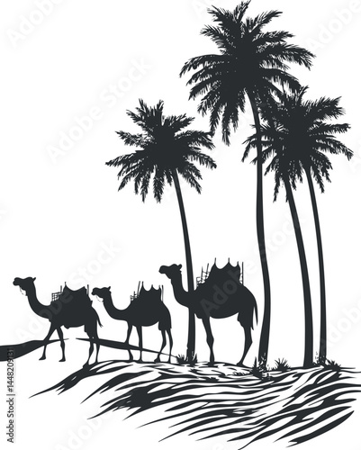 Silhouette of three camels walking near palm trees in a desert landscape