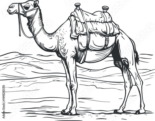Black and white line art illustration of a saddled camel standing in a desert landscape.