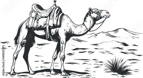 Black and white illustration of a saddled camel standing in a desert landscape with mountains and sparse vegetation.
