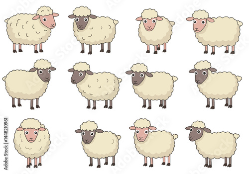 Cartoon Sheep Collection Six Adorable Woolly Characters with Unique Facial Features