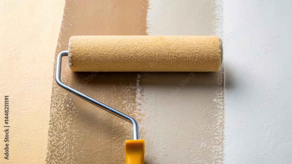 Obraz premium Closeup of paint roller applying eggshell finish on wall with beige and white colors showing texture and smooth coverage