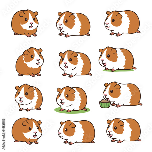 Cartoon Guinea Pigs with Brown and White Markings in Various Poses