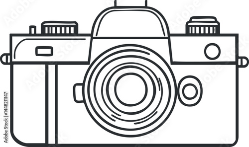 Black and white line art illustration of a vintage camera with detailed lens and controls