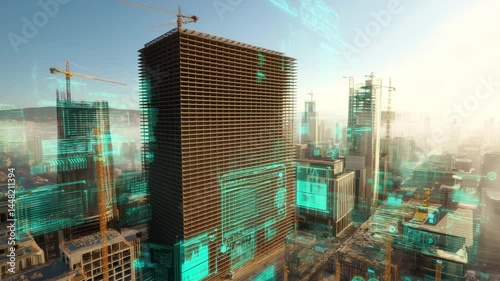 Futuristic aerial view of a building assembling from scaffolding to completion, enhanced with digital effects, holographic elements, cinematic lighting, and realistic textures.
