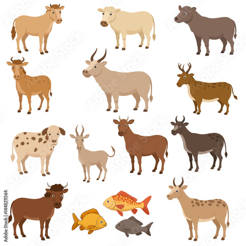 Colorful Cartoon Collection of Diverse Farm Animals and Fish