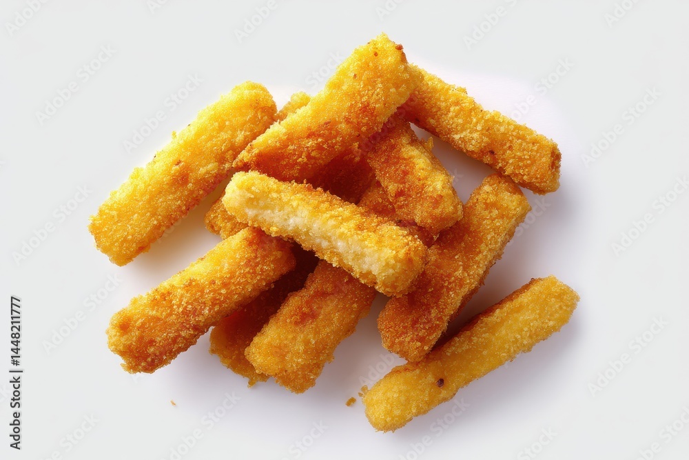 View from above of golden fried fish sticks on white for a menu or ad concept View from above of golden fried fish sticks on white for a menu or ad concept