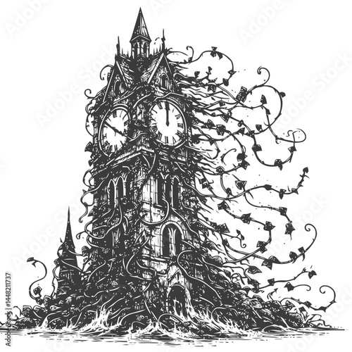 Fantasy-inspired image of a clock tower transitioning into vines, merging human craftsmanship with organic life.