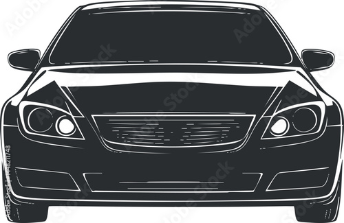 Black and white vector illustration of a car front view showing headlights and grille design