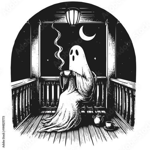 Whimsical artwork of a ghost peacefully enjoying a cup of tea on a rustic porch, creating a blend of spooky and serene.