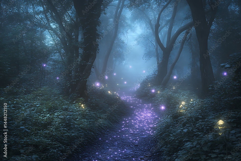 Enchanted forest path with mystical lights leading through foggy woods at night creating a fantasy scene with glowing orbs Enchanted forest path with mystical lights leading through foggy woods at night creating a fantasy scene with glowing orbs