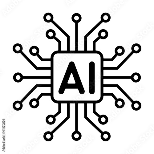 Minimal AI Chip with Circuit Lines. Black and white vector illustration