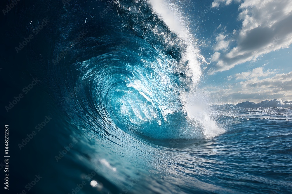 © Jinyang - A stunningly powerful ocean wave curls into a perfect barrel under the dynamic sky with clouds casting shadows on the water's surface