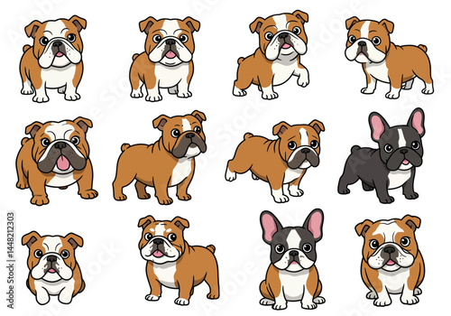 Cute Cartoon Bulldog Variations in Different Poses