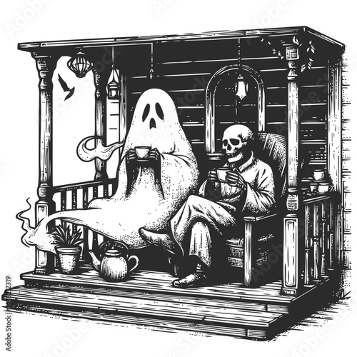 Creative depiction of a ghost sipping tea on a moonlit porch, combining eerie charm with tranquility.