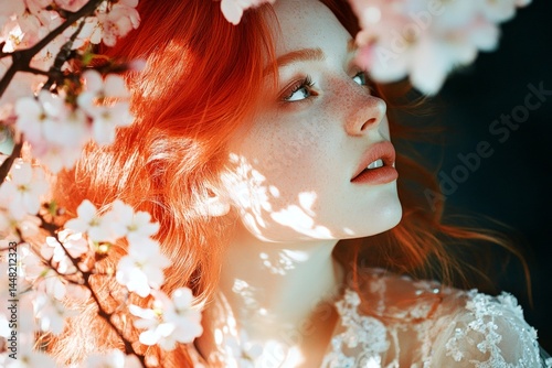 Attractive caucasian young woman surrounded by cherry blossoms. Spring mood, dark night and warm mystic light - complementary lighting. Commercial creative design idea design.