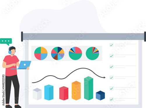 A businessman analyzing data on a projection screen, with charts and graphs clearly displayed, illustrating key business insights and performance metrics. The dynamic visuals provide a comprehensive 
