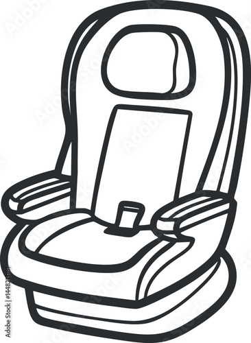 Black and white line drawing of a child car safety seat designed for secure travel and comfort